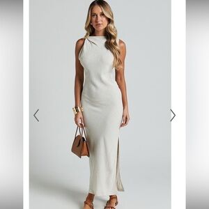 NWT JESSENIA MIDI DRESS - LINEN HIGH NECK DRESS IN NATURAL, size 2